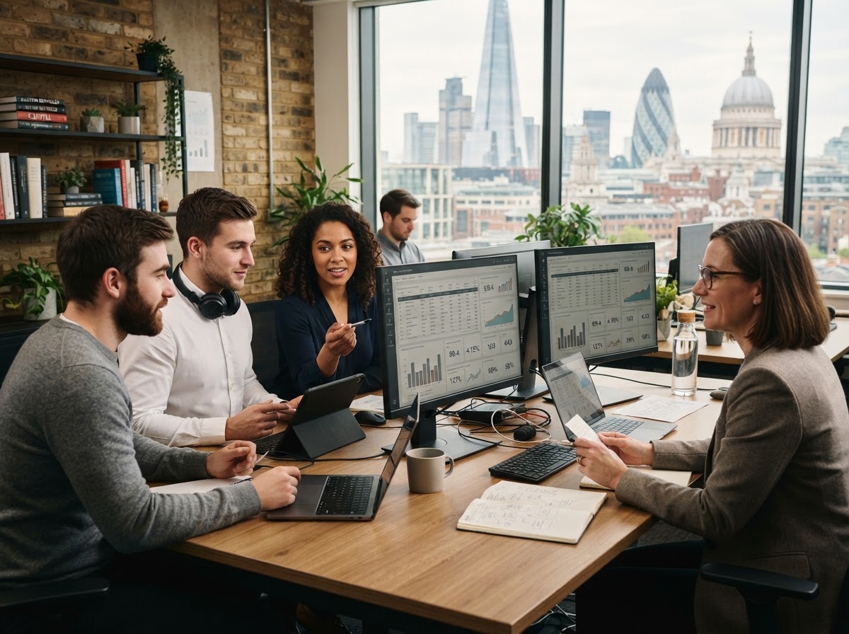 Quantlux analyst reviewing automated portfolio data on a screen